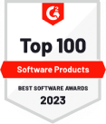 G2 2023 Top 100 Software Products Badge G2 2023 badge per i 100 migliori prodotti software