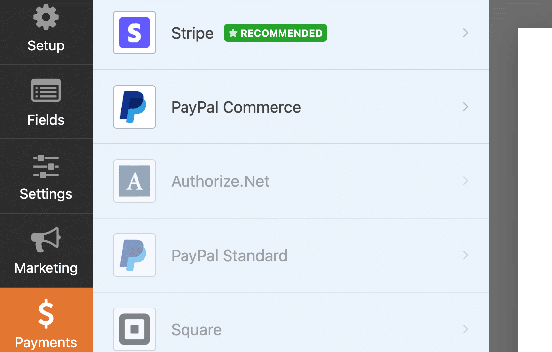 Payment Options - WPForms Opções de pagamento ativadas no WPForms