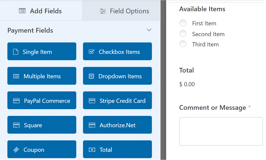 Payment Fields Adding a payment field to a form