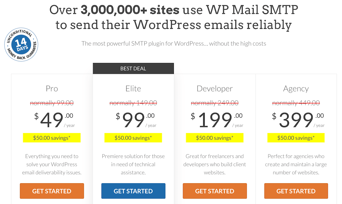 La page de tarification de WP Mail SMTP