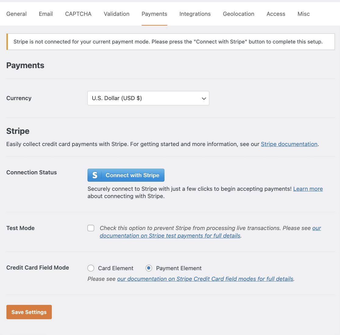 Settings Payments Stripe - WPForms WPForms Impostazioni di pagamento Stripe