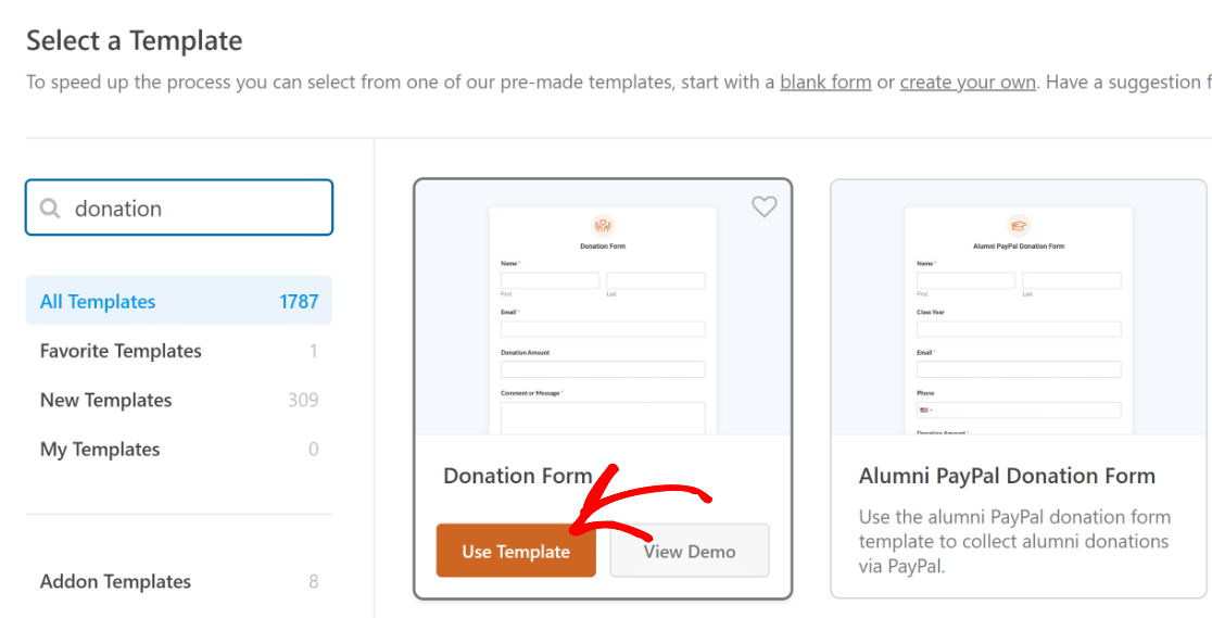 Use Donation Form Template - WPForms Use o modelo de formulário de doação