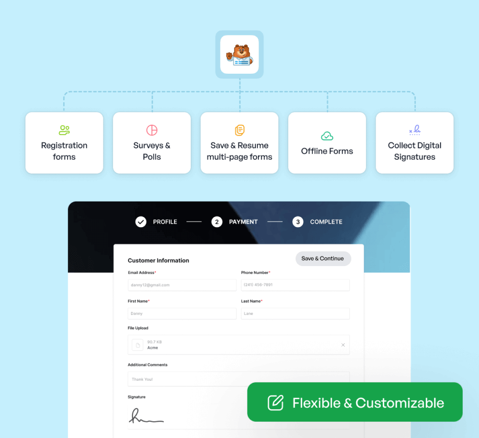 Advanced WordPress Form Features Illustration with Various Form Types - WPForms Illustration des fonctionnalités avancées des formulaires WordPress avec différents types de formulaires
